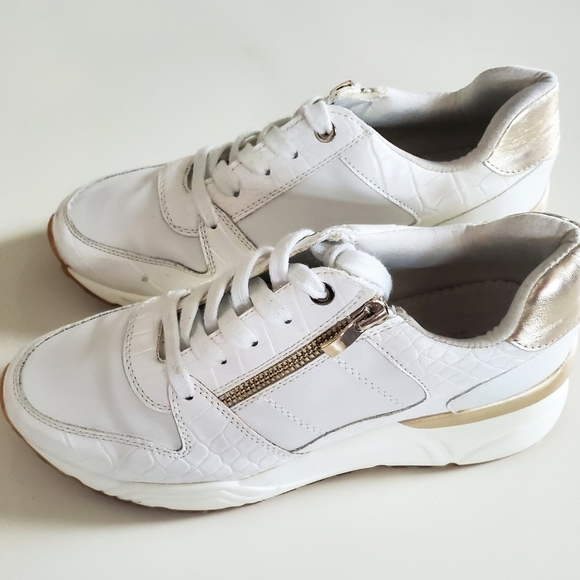 Call It Spring Shoes - White with gold trim and side zipper runners